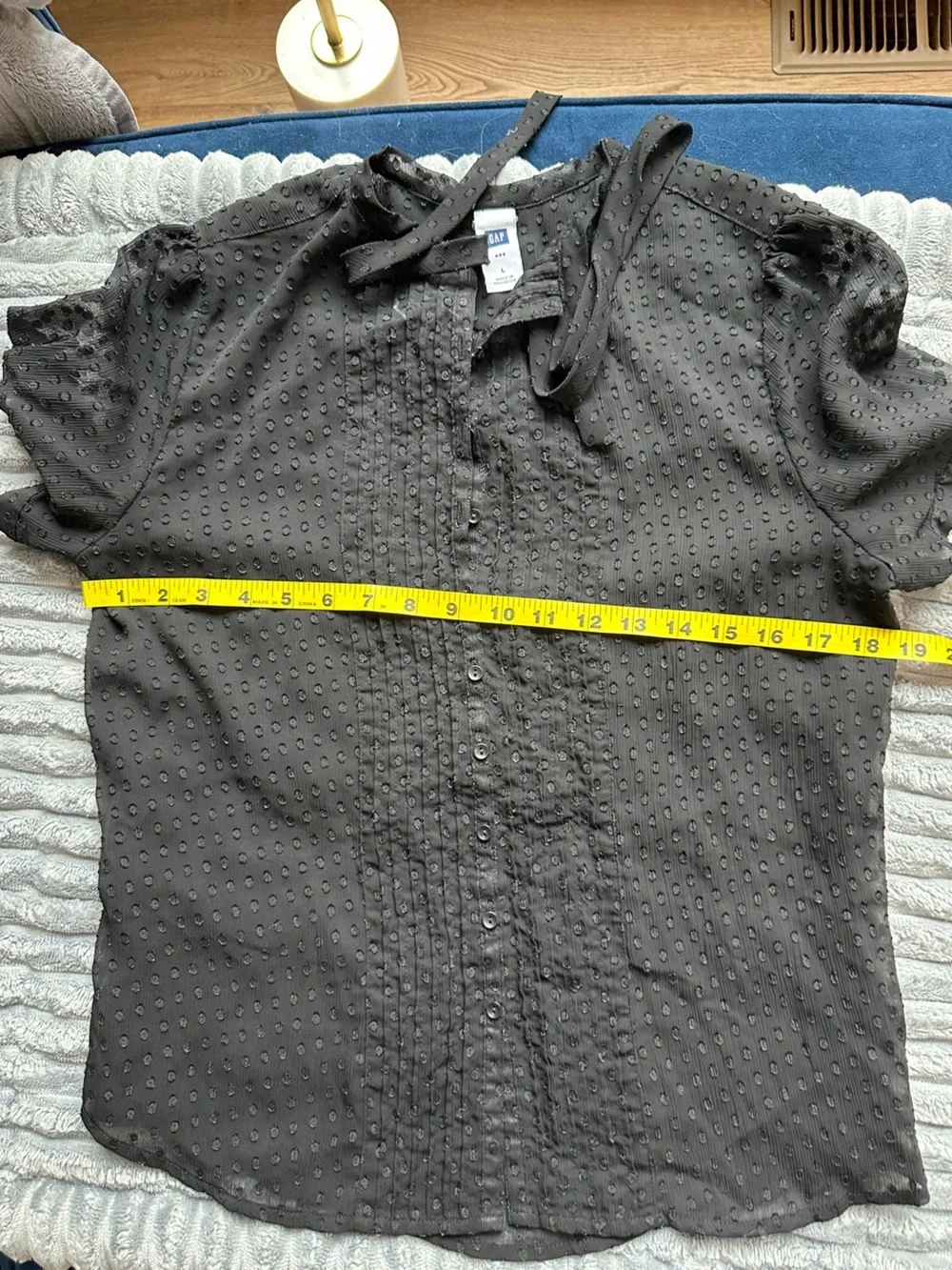 Vintage GAP Factory Black Sheer Swiss Dot Pintuck Tie-Neck Button Up Blouse